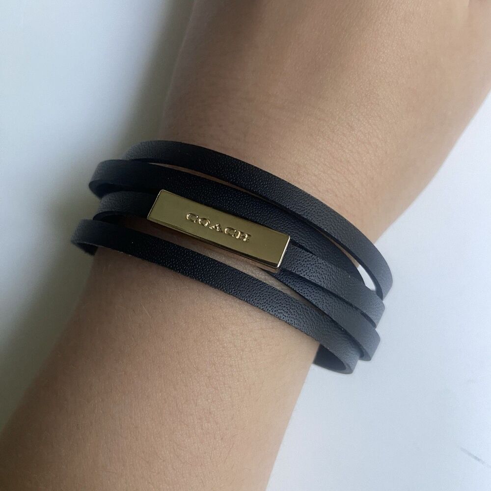 COACH Black Multi-Wrap Leather Bracelet Gold-Tone Hardware Band Bangle Jewelry